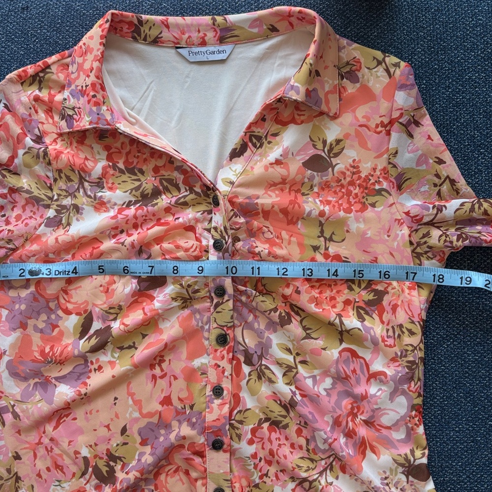 PrettyGarden:  Button-down Blouse, Size L, Coral/Lilac/Yellow Floral - Picture 7 of 8